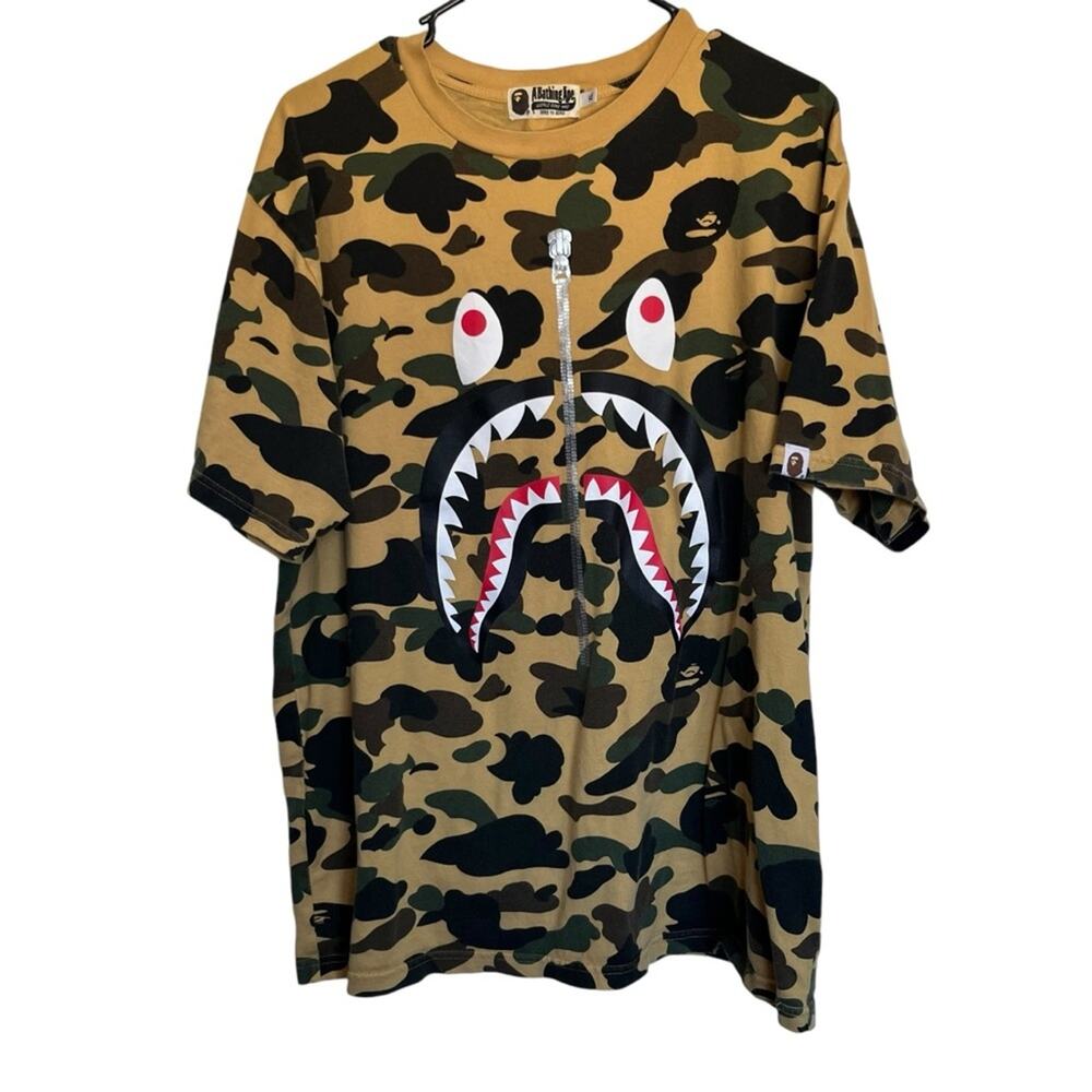 A Bathing Ape BAPE 1st Camo Shark Tee Men's Tan Green Short Sleeve Shirt Size XL